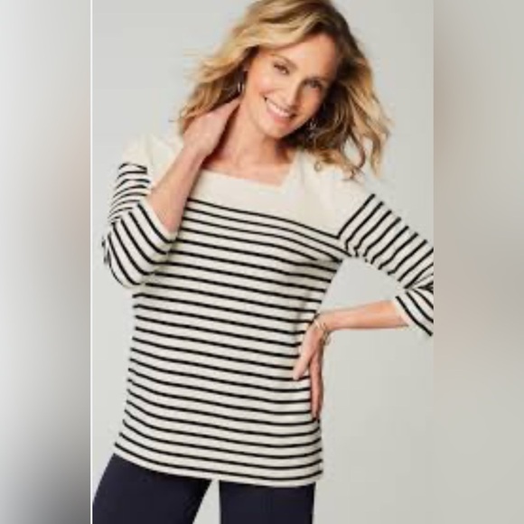 J Jill We Ottoman Square Neck Top Navy Stripe 4X Nautical Coastal Vacation NWT - Picture 1 of 12